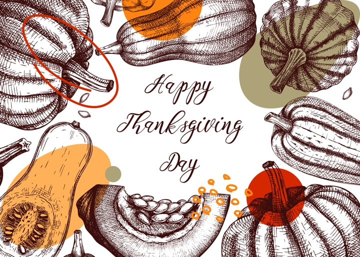 Sketched pumpkin collage design. Thanksgiving day background. Autumn food drawings. Vector vegetables, butternut squash, marrow, pumpkin slice sketches. Fall Harvest festival trendy frame